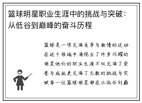 篮球明星职业生涯中的挑战与突破：从低谷到巅峰的奋斗历程